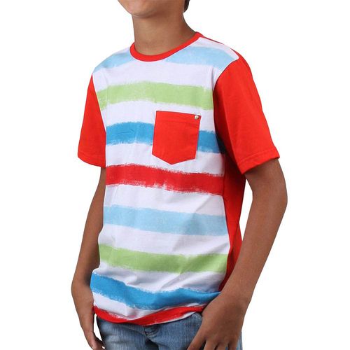 Camiseta em ½ malha lisa e listrada com rebite de caveirinha no bolso