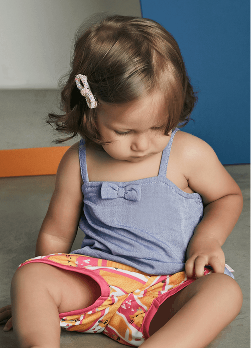 Conjunto Infantil Regata + Short Estampa Listra e Gatinho - Tam. 3 a 12 meses - Amarelo, Rosa e Azul