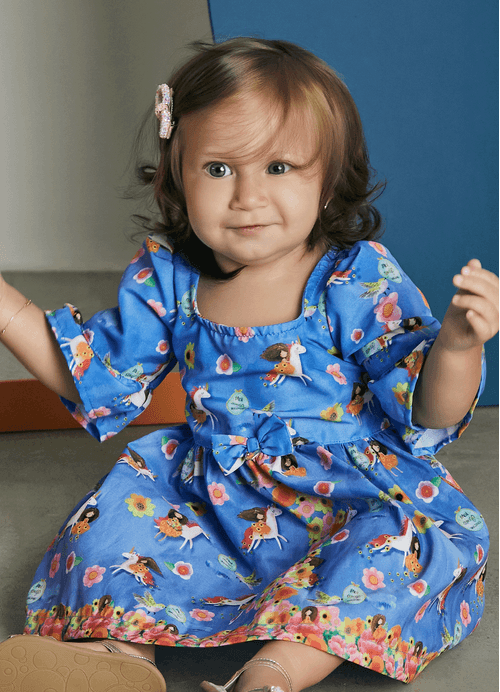 Conjunto Infantil Vestido + Calcinha Estampa Meu Amigo Unicórnio - Tam. 3 a 12 meses - Azul