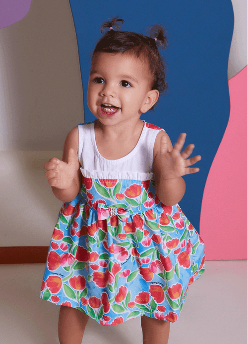 Conjunto Infantil  Vestido + Calcinha Estampa Tulipinha Vermelhinha - Tam. 3 a 12 meses - Branco e Azul