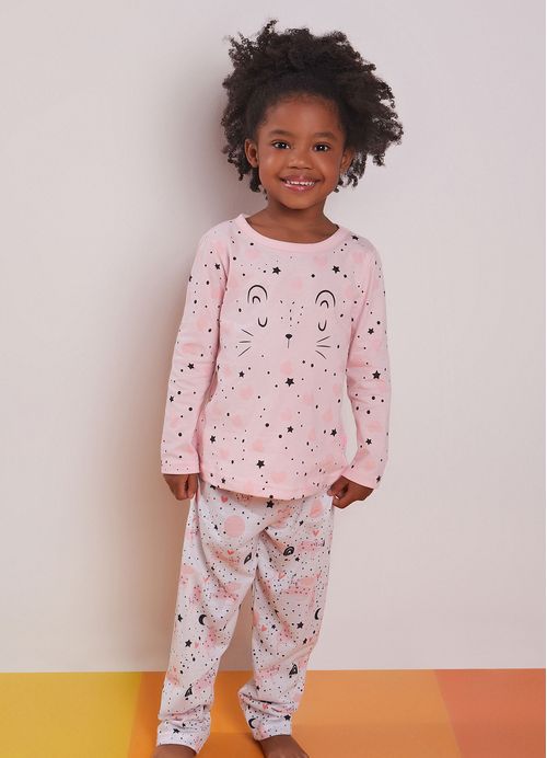 Conjunto Pijama Infantil Menina Estampa Gatinho – Tam.1 a 10 anos – Rosa