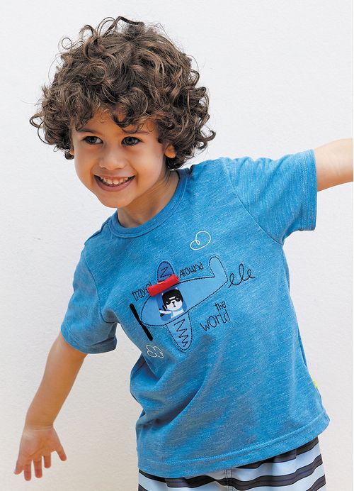 Camiseta Infantil Menino Estampa Piloto de Avião – Tam. 1 a 10 anos – Azul