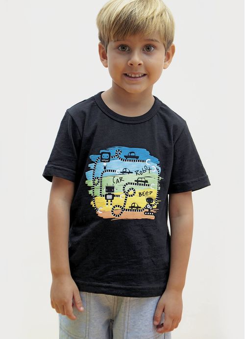Camiseta Infantil Menino Estampa Meu Robozinho Maluquinho – Tam. 1 a 10 anos – Preto