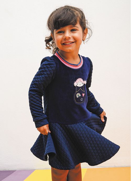 Vestido Infantil Estampa Ciranda de Flores – Tam. 1 a 10 anos – Azul Marinho