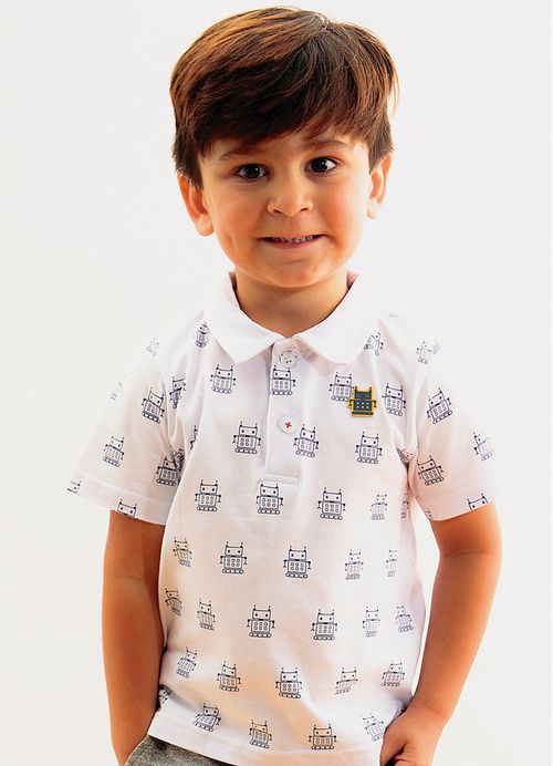 Blusa Polo Infantil Menino Estampa Robozinho Maluquinho – Tam. 1 a 10 anos – Branco