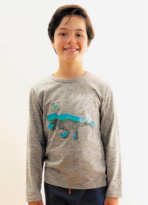 Camiseta Infantil Manga Longa Menino Estampa Rex - Tam. 10 a 16 anos - Cinza