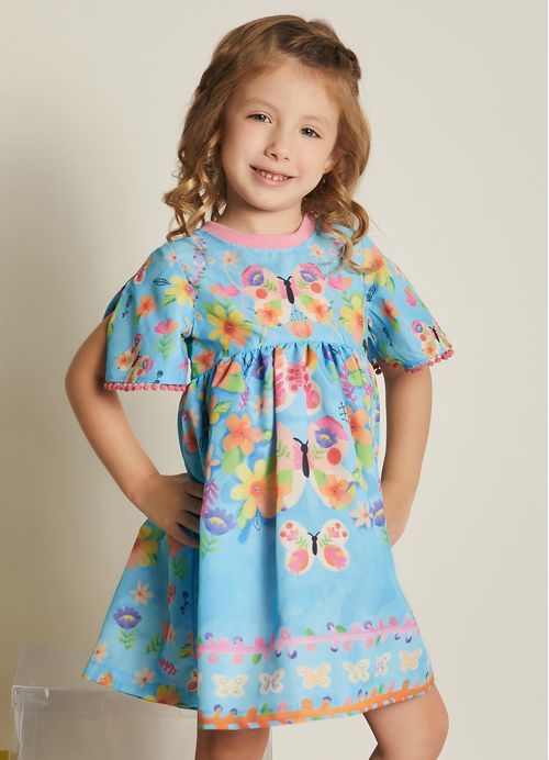 Vestido Infantil Estampa Borboletas - Tam. 1 a 10 anos - Azul