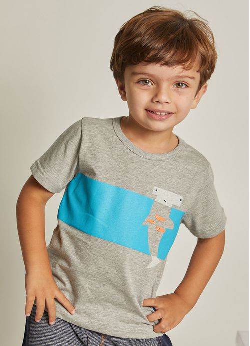 Camiseta Infantil Menino Estampa  Peixinhos - Tam. 1 a 10 anos - Cinza e Verde