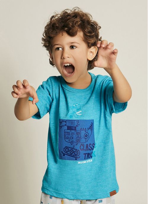 Camiseta Infantil Menino Estampa Dino Skater - Tam. 1 a 10 anos - Azul