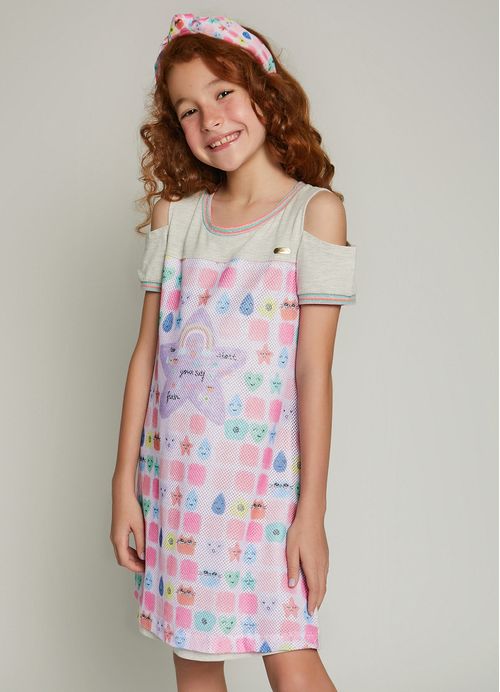 Vestido Infantil Estampa Pop Candy Color – Tam. 10 a 16 anos – Cinza