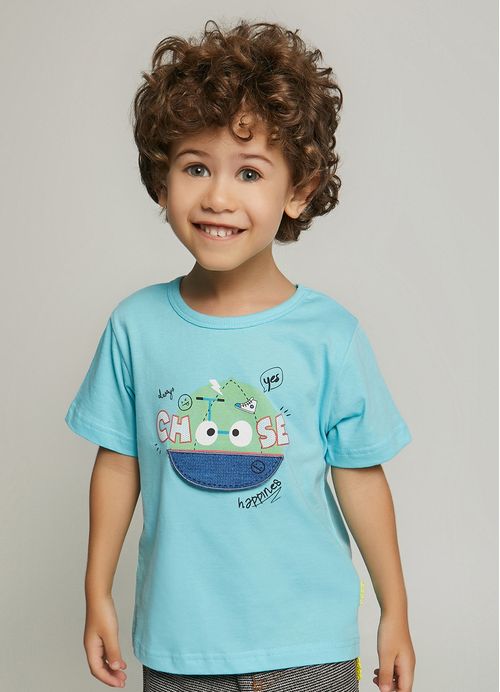 Camiseta Infantil Menino Estampa Tênis e Boné – Tam. 1 a 10 anos – Azul