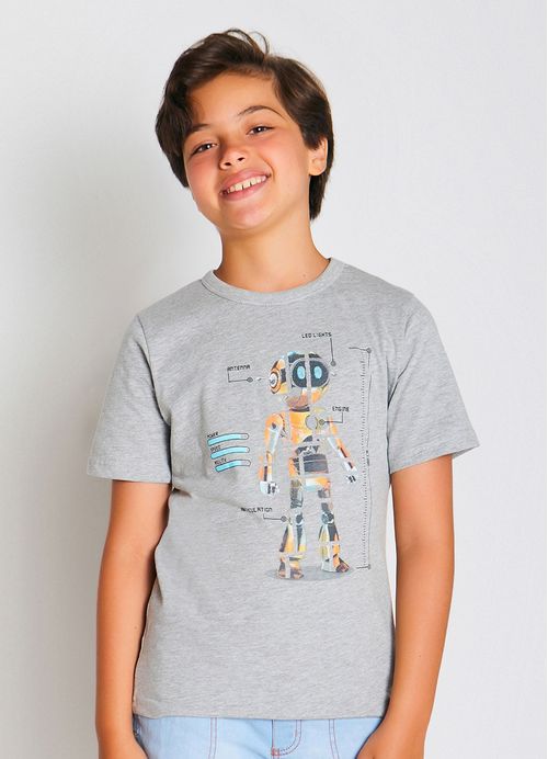 Camiseta Infantil Menino Estampa Robozinho – Tam. 10 a 16 anos – Cinza
