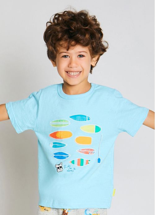 Camiseta Infantil Menino Estampa Dia de Praia - Tam. 1 a 10 anos - Azul