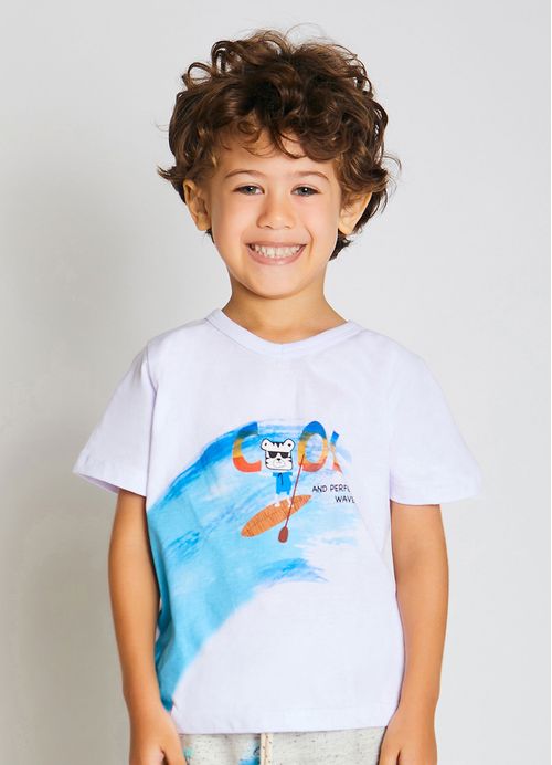 Camiseta Infantil Menino Estampa Dia de Praia - Tam. 1 a 10 anos - Branco