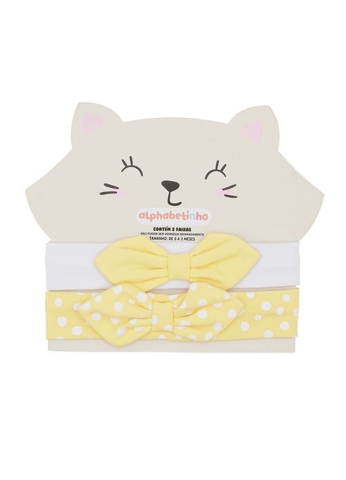 Kit Faixa de Cabelo para Bebês Estampa Gatinha – Tam. 0 a 3 meses – Amarelo/Branco