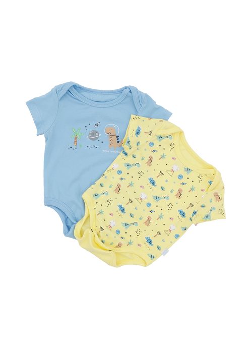 Kit 2Bodies Infantis Menino Estampa Dino Espacial – Tam. 0 a 3 meses – Azul e Amarelo