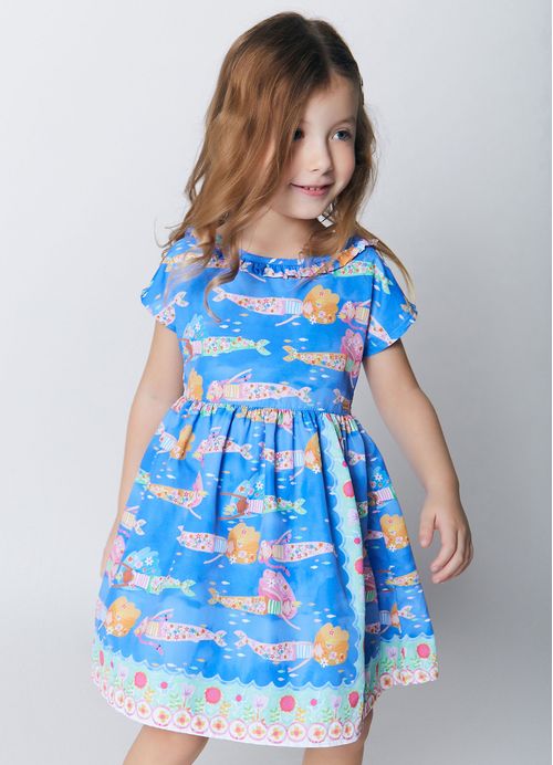 Vestido Infantil Estampa Sereias se Divertem – Tam. 1 a 10 anos – Azul