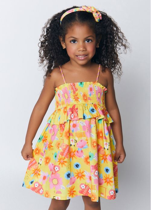 Vestido Infantil Estampa Floral Parquinho – Tam. 1 a 10 anos – Amarelo