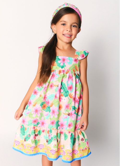 Vestido Infantil Estampa Entre Folhagens – Tam. 1 a 10 anos - Rosa e Verde