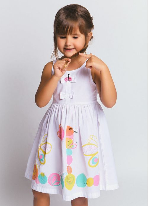 Vestido Infantil Estampa Borboletas Sobrepostas – Tam. 1 a 10 anos – Branco