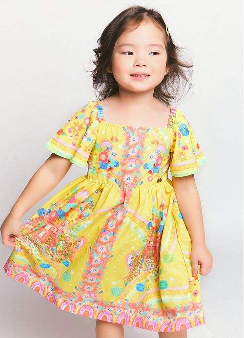 Vestido Infantil Estampa Meu Castelinho – Tam. 1 a 10 anos – Amarelo