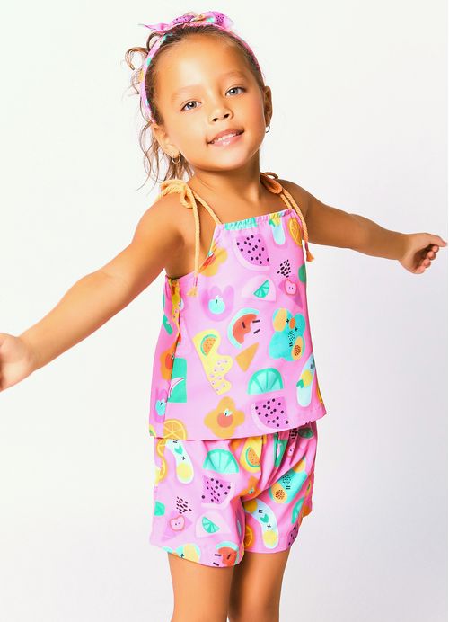 Conjunto Infantil Menina Bata + Short  Estampa Tutti Frutti – Tam. 1 a 10 anos – Rosa