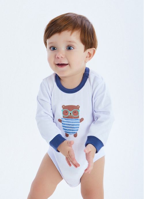 Body Infantil Bebê Menino Estampa Meu Amigo Ursinho  – Tam. 3 a 12 meses – Branco