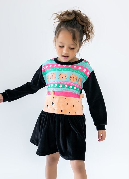Vestido Infantil  Estampa Oncinha - Tam. 1 a 10 anos – Preto