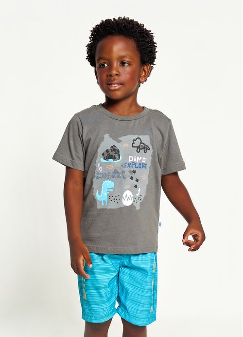 Conjunto Infantil Menino Camiseta + Bermuda Estampa Dino – Tam. 1 a 12 anos – Esmeralda e Chumbo