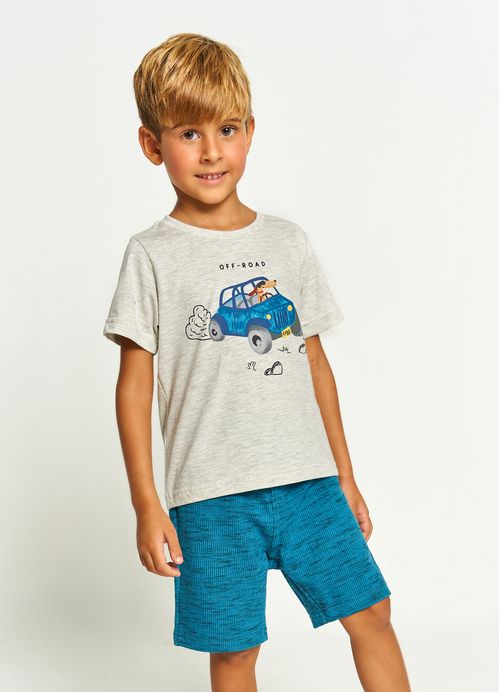 Conjunto Infantil Menino Camiseta + Bermuda Estampa Off Road – Tam. 1 a 12 anos – Mescla Claro e Petróleo
