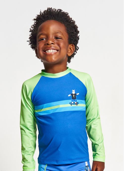 Blusa UV Infantil Menino Estampa Urso Radical – Tam. 6 meses a 12 anos – Azul e Verde