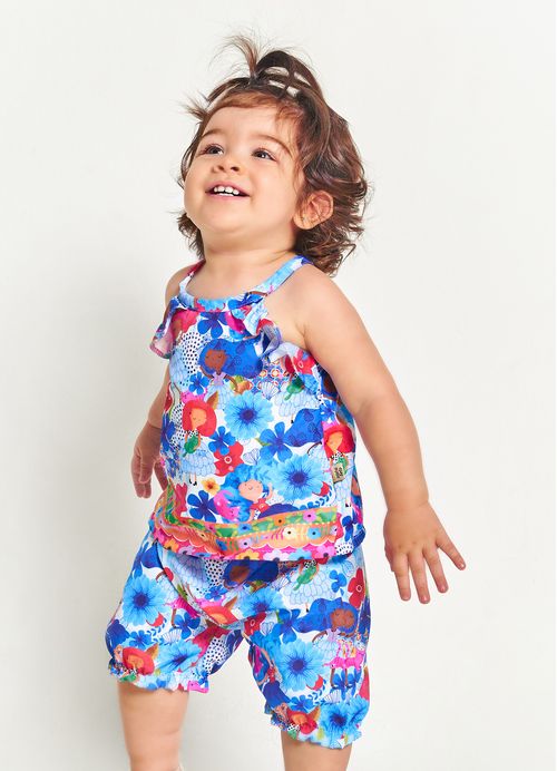 Conjunto Infantil Menina Blusa + Short Estampa Jardim Real – Tam. 3 a 12 meses - Azul