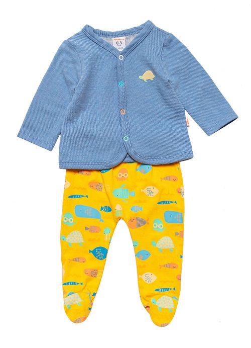 Conjunto Infantil Bebê Unissex Casaco + Calça Estampa Mar Colorido – Tam. 0 a 3 meses – Jeans e Amarelo