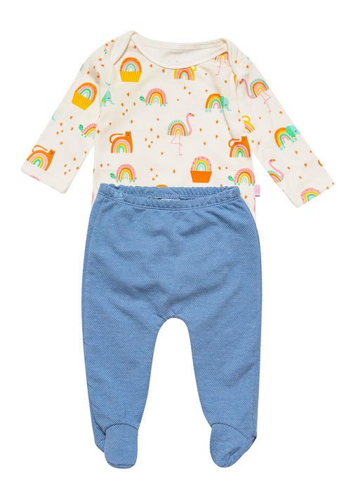 Conjunto Infantil Bebê Menina Body + Calça Estampa Magia do Arco-Íris – Tam. 0 a 3 meses – Off White e Azul