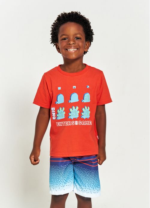 Conjunto Infantil Menino Camiseta + Bermuda Estampa Dino Game – Tam. 1 a 12 anos – Vermelho e Marinho