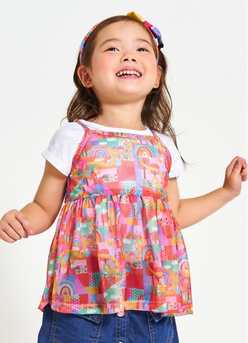 Conjunto Infantil Menina Regata + Blusa Estampa Cabelo Encantado – Tam. 1 a 12 anos – Rosa, Goiaba e Branco