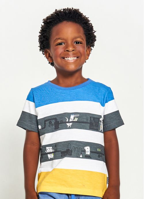 Camiseta Infantil Menino Estampa Inventando Moda – Tam. 1 a 12 anos – Off White e Azul