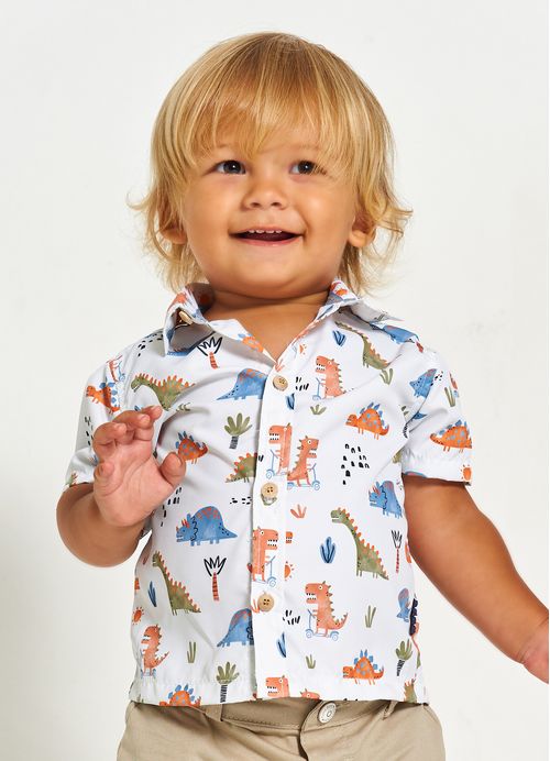 Camisa Infantil Bebê Menino Estampa Dino Divertido – Tam. 3 a 12 meses – Off White