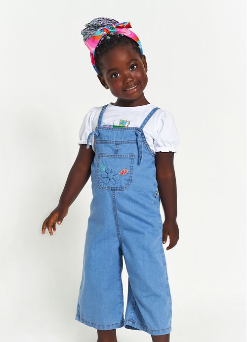 Jardineira Infantil Menina Ondinhas – Tam. 1 a 12 anos – Jeans