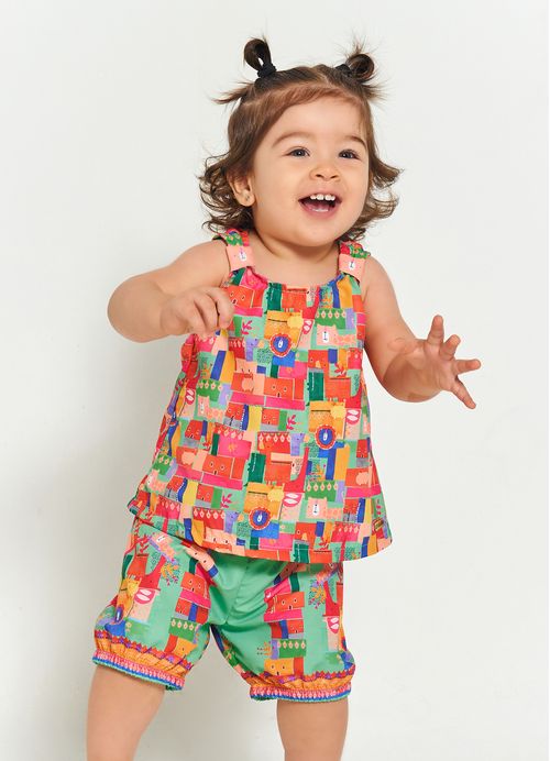 Conjunto Infantil Bebê Menina Blusa + Short Estampa Animania – Tam. 3 a 12 meses – Verde e Laranja