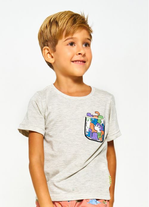 Camiseta Infantil Menino Estampa Dino Divertido – Tam. 1 a 12 anos – Mescla Claro