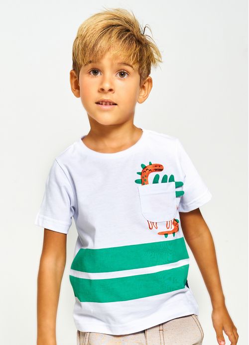 Camiseta Infantil Menino Estampa Dino Divertido – Tam. 1 a 12 anos – Branco