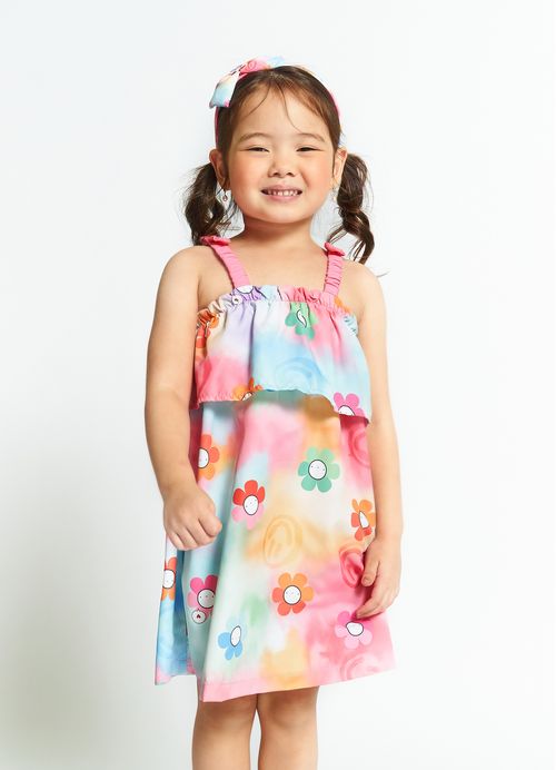 Vestido Infantil Estampa Arte Em Flores – Tam. 1 a 12 anos – Verde e Rosa