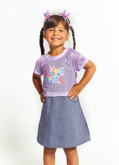 Conjunto Infantil Menina Vestido + Blusa Pop Fofura – Tam. 1 a 12 anos – Jeans e Roxo