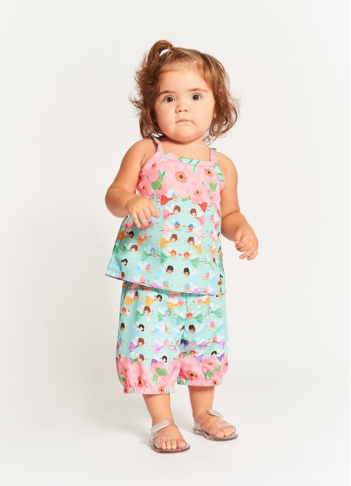 Conjunto Infantil Bebê Menina Blusa + Bermuda Estampa Jardim Mágico – Tam. 3 a 12 meses – Esmeralda e Rosa