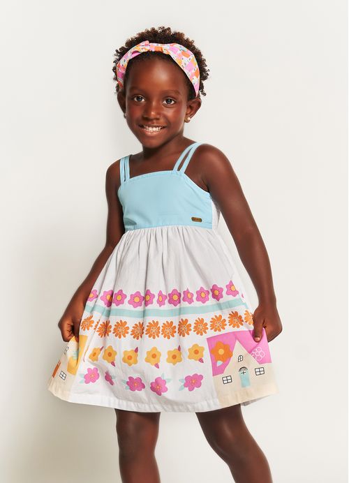 Vestido Infantil Estampa Casa de Flores – Tam. 1 a 12 anos – Branco e Azul