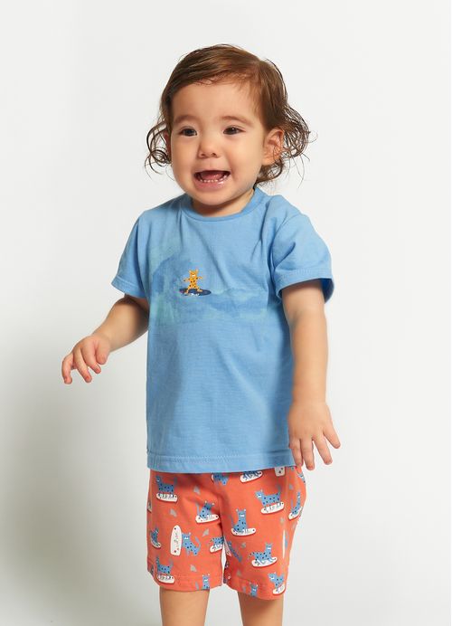 Conjunto Infantil Bebê Menino Camiseta + Bermuda Estampa Tirando Onda – Tam. 3 a 12 meses – Azul e Apricot