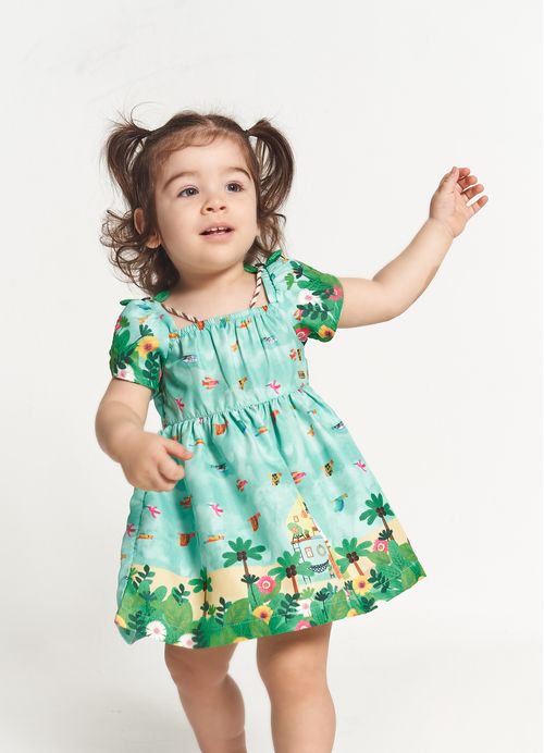 Conjunto Infantil Bebê Menina Vestido + Calcinha Estampa Minha Casinha de Praia – Tam. 3 a 12 meses – Esmeralda