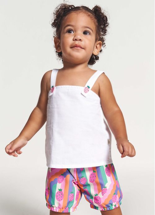 Conjunto Infantil Bebê Menina Bata + Short Estampa Moranguinho – Tam. 3 a 12 meses – Cores