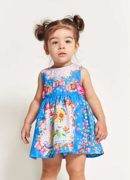 Conjunto Infantil Bebê Menina Vestido + Calcinha Estampa Feliz Dia – Tam. 3 a 12 meses – Azul